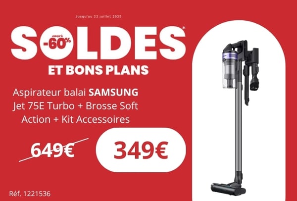 Aspirateur balai SAMSUNG Jet 75E Turbo + Brosse Soft Action + Kit Accessoires BOULANGER Perpignan