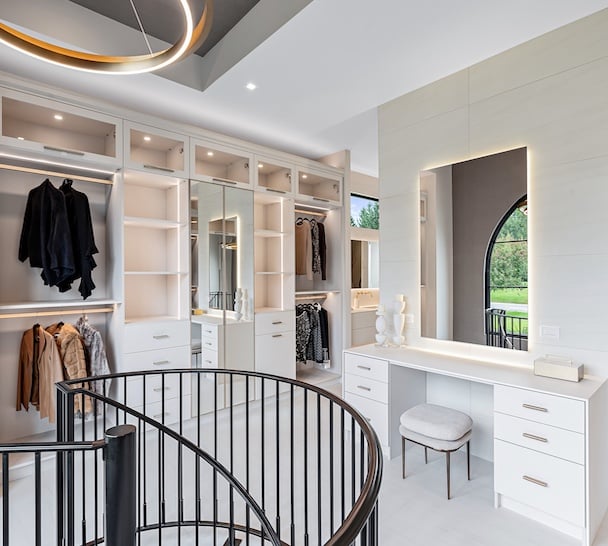 custom Walk in closet with glass doors, integrated lighting and a vanity