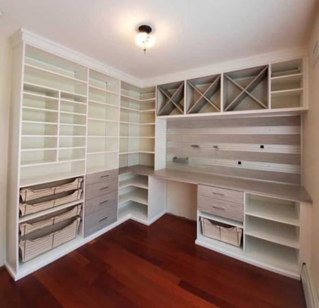 craft room in white and grey with shelves, wine X storage, pull out baskets and drawers