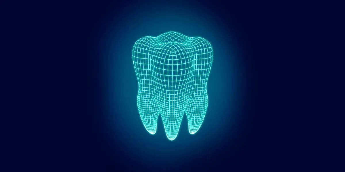 cyan computer generated mesh image of tooth with halo on very dark blue background