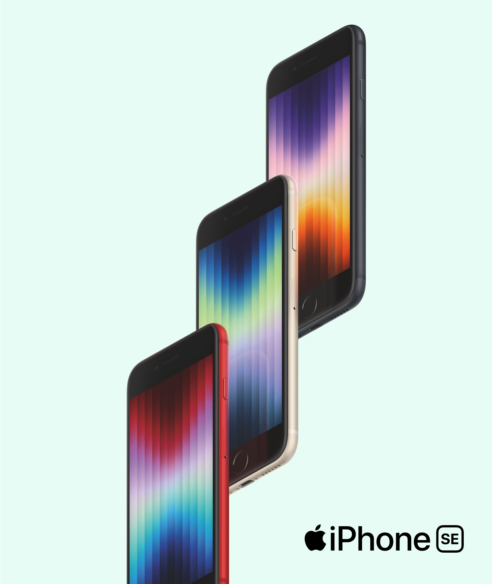 Tres dispositivos Apple iPhone SE en colores negro, plateado y rojo mostrados en diagonal, con la pantalla del teléfono que muestra un patrón de degradado de colores.