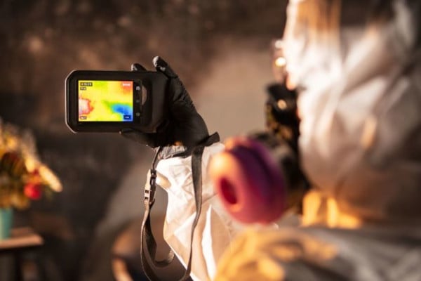 Team member uses infrared camera in protective gear for inspection