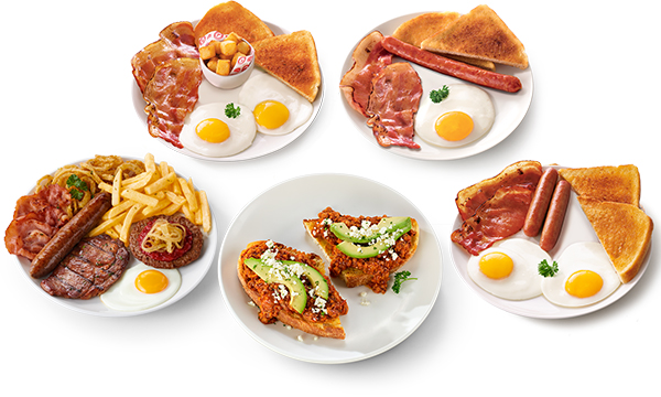 All-day breakfast meals from Wimpy with a variety of foods including bacon, eggs, toast and hashbrowns.