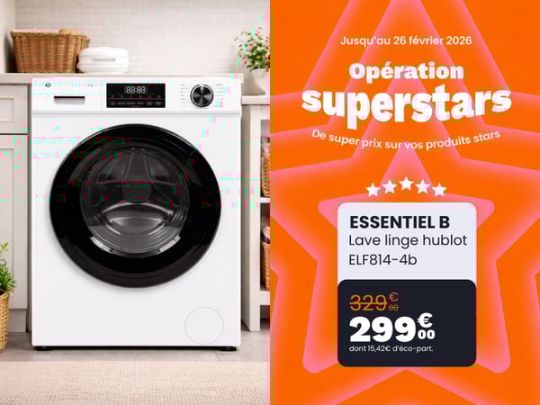 Lave-linge hublot ESSENTIELB ELF814-4b, produit Super Star en promotion chez Boulanger Toulouse Colomiers, performance et super prix jusqu’au 26 février.