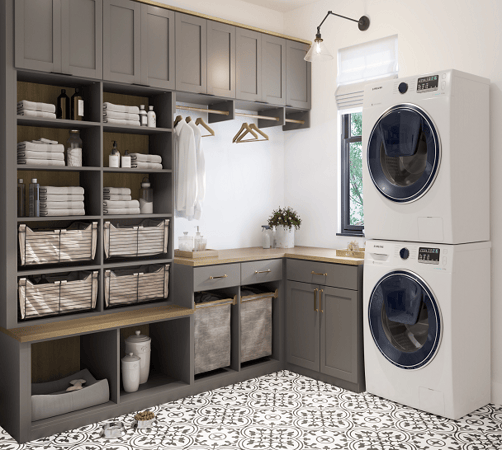 Custom laundry room storage with cabinets, shelving, and organization solutions for a functional laundry room