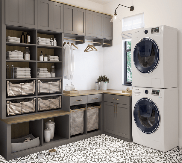 Custom laundry room storage with cabinets, shelving, and organization solutions for a functional laundry room