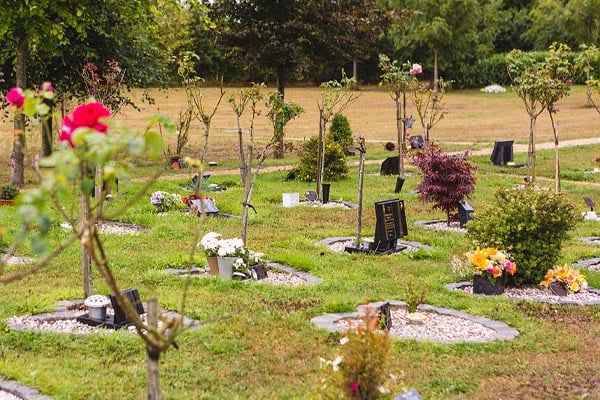 Various memorials marking funeral plots where ashes are buried