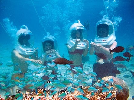 カラフルな魚たちに囲まれて記念撮影