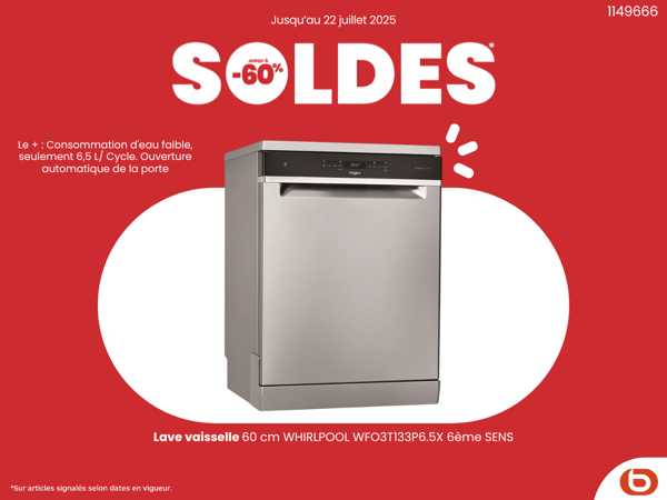 découvrez le Lave vaisselle 60 cm WHIRLPOOL WFO3T133P6.5X 6ème SENS  dans votre magasin Boulanger Boulogne-Sur-Mer