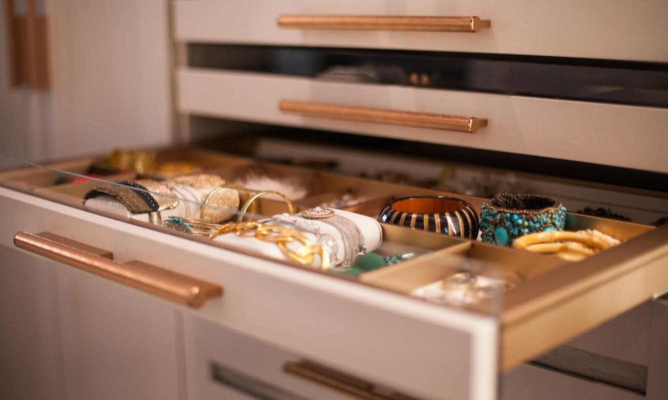 Custom Jewelry Drawers with Gold Organizers and Clear Acrylic Fronts in Philadelphia, PA
