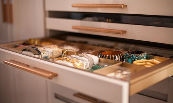 Custom Jewelry Drawers with Gold Organizers and Clear Acrylic Fronts in Philadelphia, PA