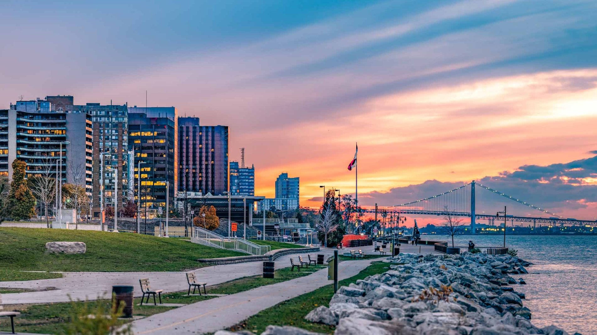 The waterfront of Windsor, Ontario during sunset