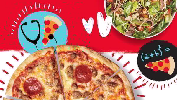 A prominent Mad Dog pizza from MOD Pizza is on a white and red background with a fresh salad. There is a stethoscope which is measuring a pepperoni pizza and a math equation - all honoring teachers and nurses.