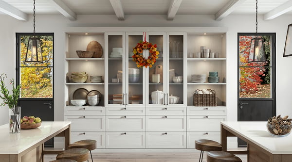 Modern Farmhouse Pantry, white, custom organizes open shelves, autumn wreath displayed over glass pantry doors