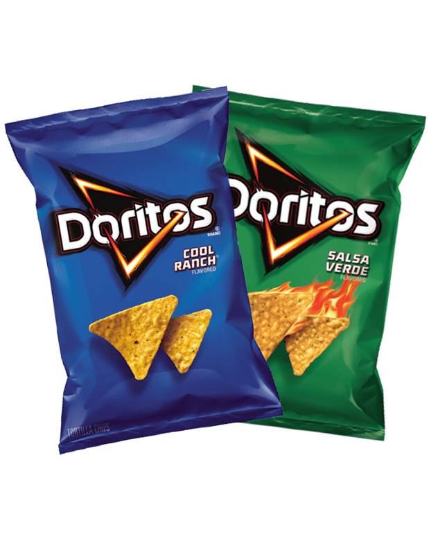 Blue, cool ranch Doritos and green, salsa verde Doritos bags