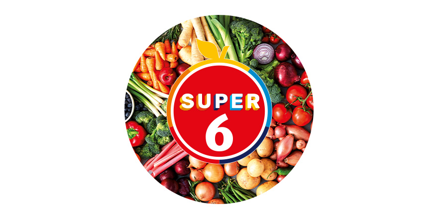 Super 6 logo on background of selection of fruit and vegetables