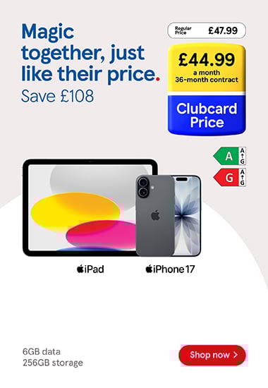 Save on iPhone deals with frozen Clubcard prices at Tesco Mobile, Shop now!