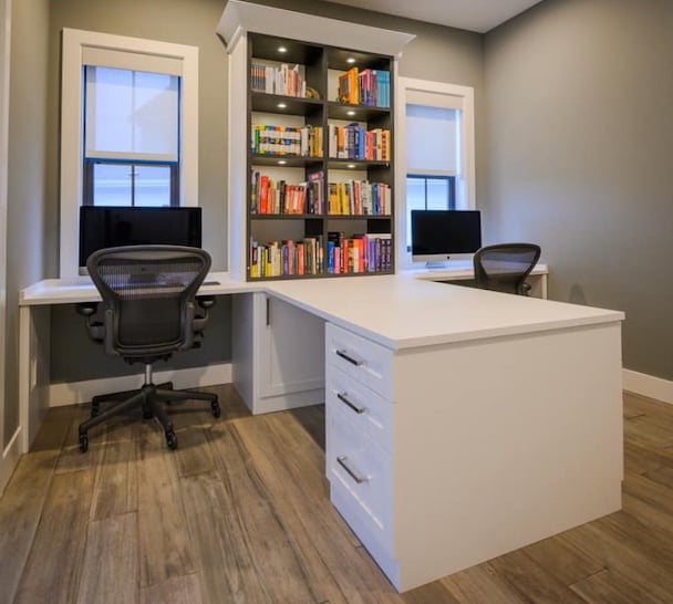 custom desk with a T shape, drawers and storage cabinets