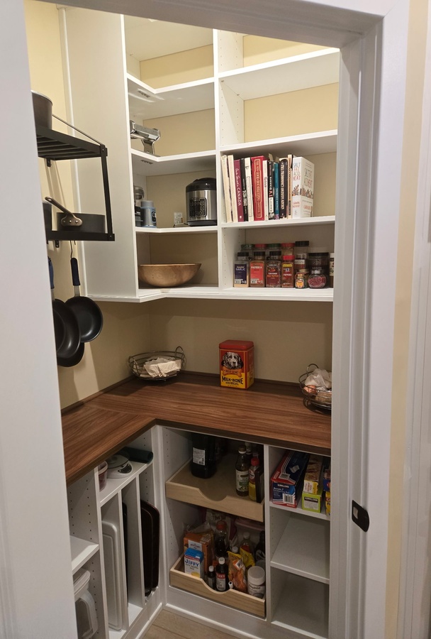 Custom pantry with counter space and pull out shelving.
