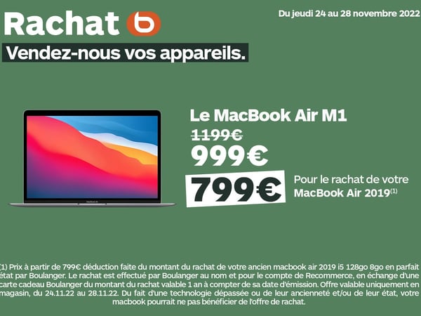 Offre rachat Boulanger sur l'achat d'un ordinateur portable Apple Macbook Air M1