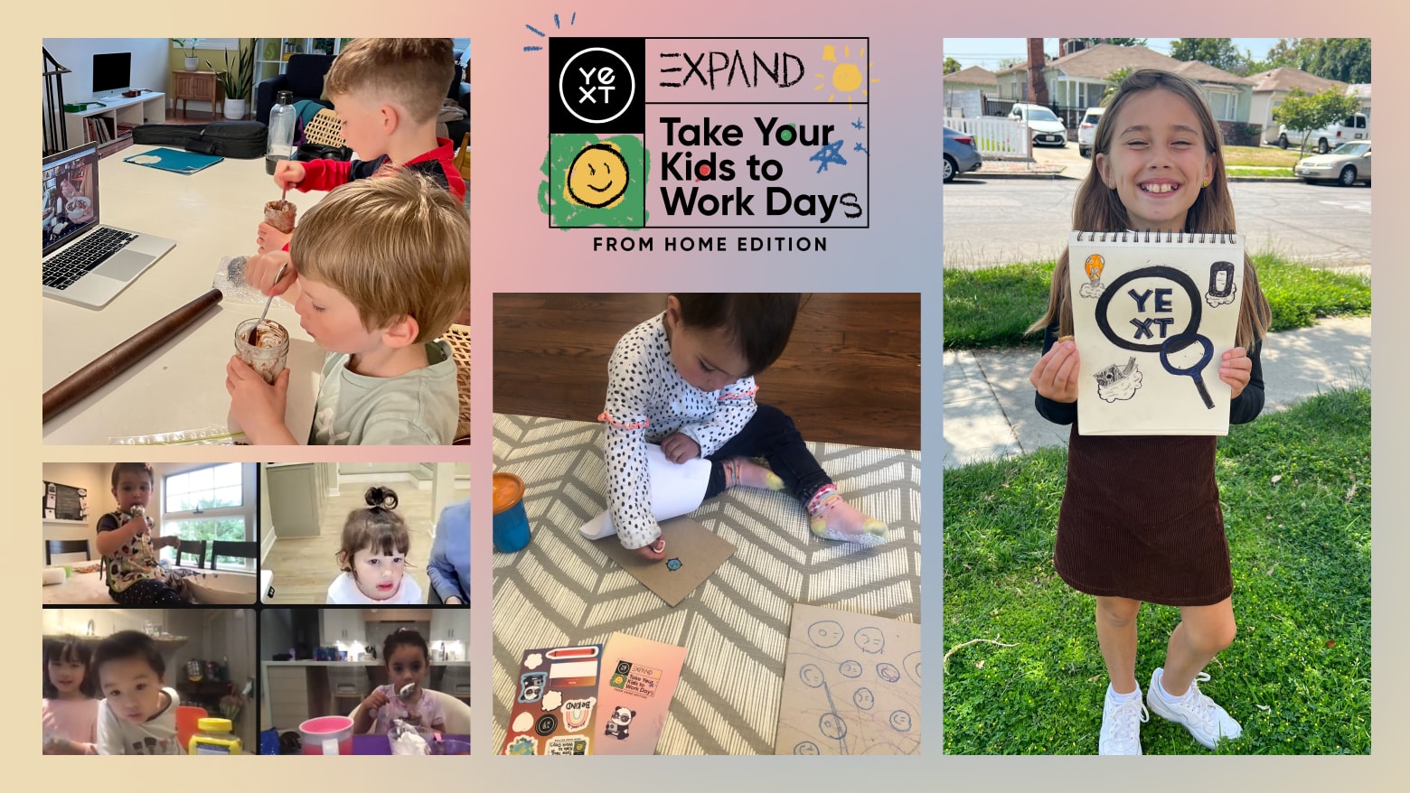 Collage of kids celebrating Take Your Child to Work Day at Yext.