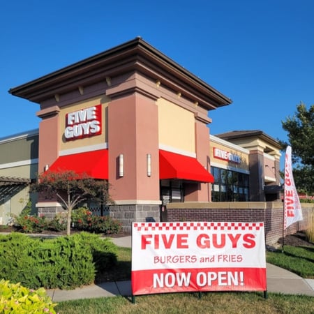 Exterior photograph of the Five Guys restaurant at 8540 South 71 Street Plaza in Papillion, Nebraska.