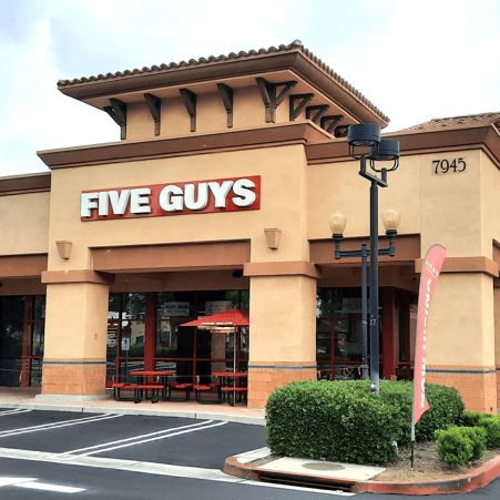 Image of the entrance to the Five Guys restaurant at 7945 Haven Avenue in Rancho Cucamonga, California.