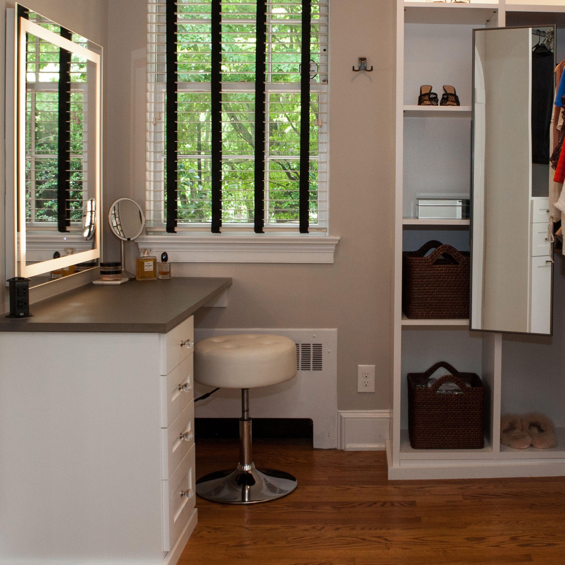 Custom Vanity and Wardrobe System with Pull-Out Mirror and Accent Lighting in Gladwyne, PA