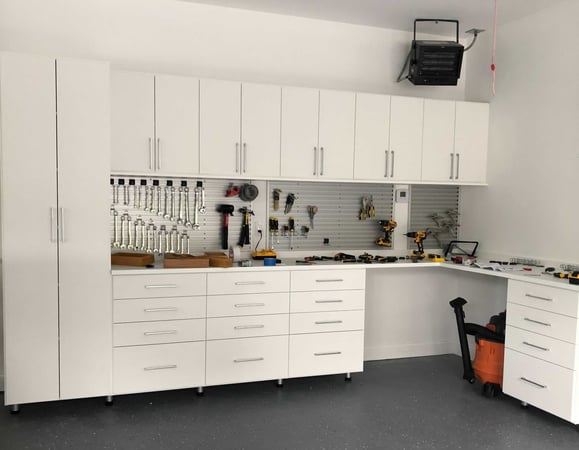 Garage storage with cabinets and drawers in white