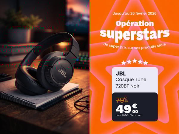 Casque sans fil JBL Tune 720BT Noir, Produit Super Star en promotion chez Boulanger Toulouse Colomiers.