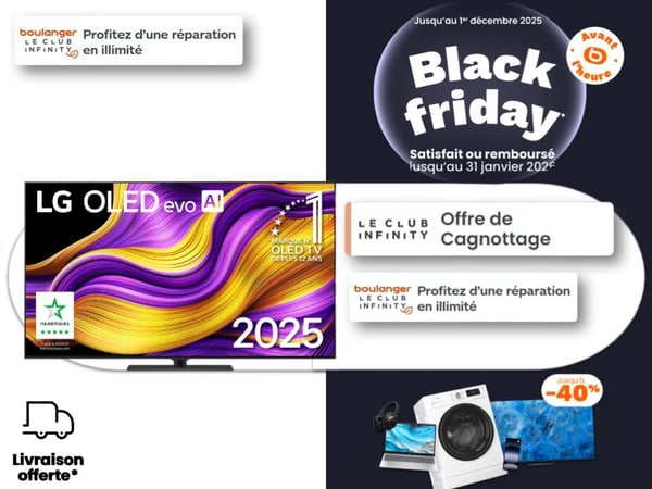 TV LG OLED en promotion Black Friday chez Boulanger Toulouse Colomiers – téléviseur OLED EVO 4K, noir absolu, contraste infini, Smart TV WebOS, modèles C4 G4 B4, TV QLED MiniLED UHD 4K LG, Bose, Samsung.
TV LG disponibles chez Boulanger Toulouse Colomiers – Téléviseurs LED, QLED, Mini LED et OLED, image 4K et Smart TV, modèles aussi comparables avec Samsung, Sony, Philips, TCL et Hisense.