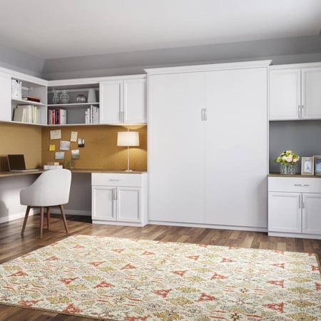 Richmond - Custom closets - home office featuring built-in desk cabinetry, overhead storage, and a concealed wall bed in a bright, multifunctional room