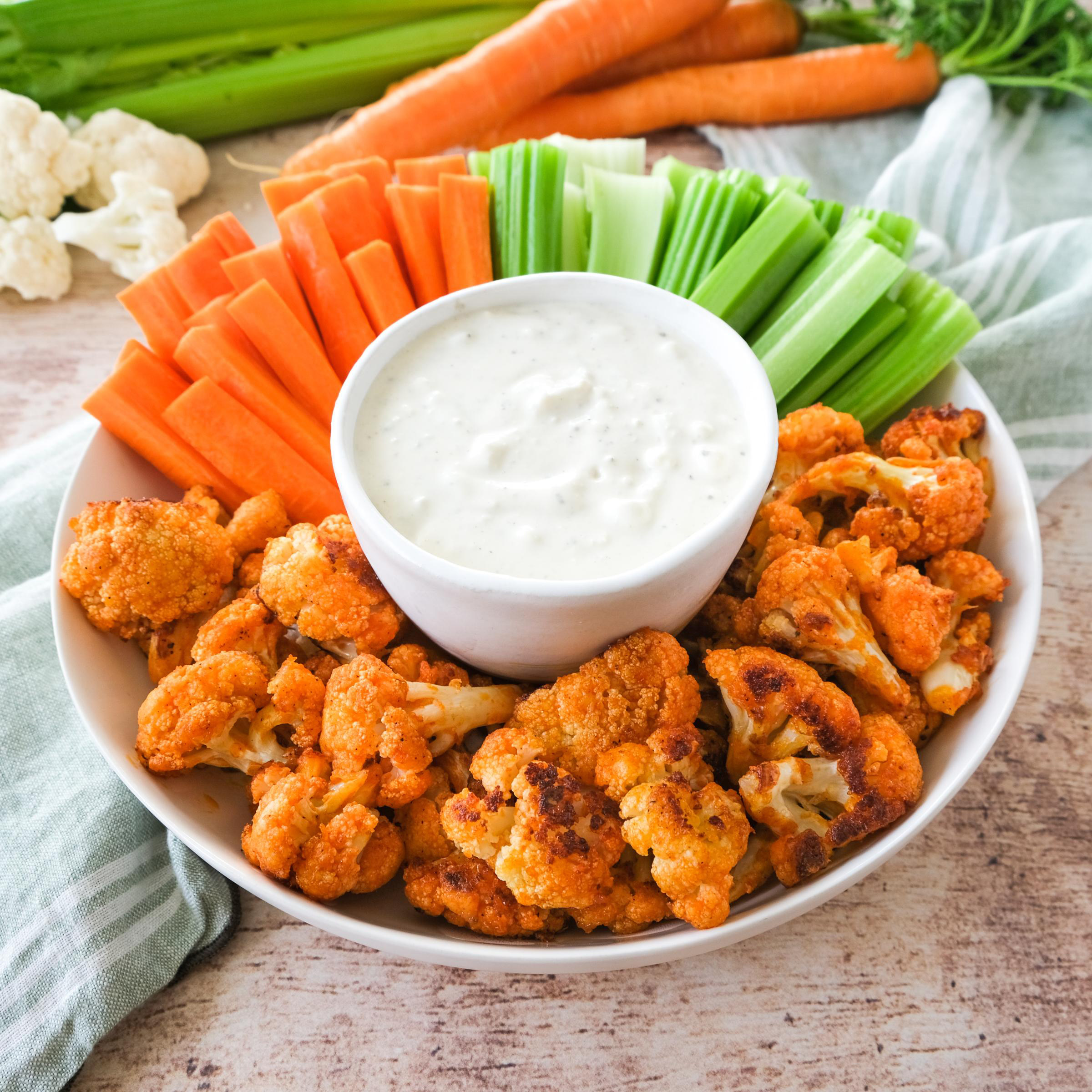 Buffalo Cauliflower Bites with Carrots, Celery & Homemade Blue Cheese Dressing