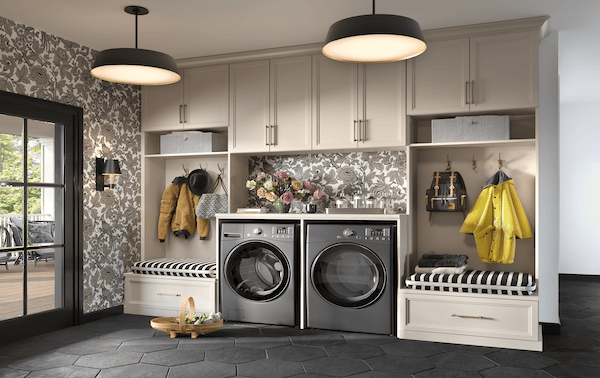 Custom laundry room cabinets and mudroom storage solutions for organized home organization, entryway storage