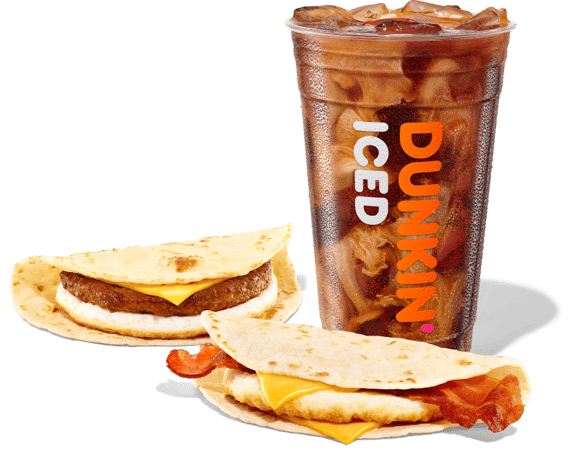 A medium iced coffee and two Wake-Up Wrap® sandwiches.