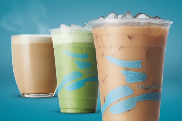 Three latte beverages from Caribou Coffee