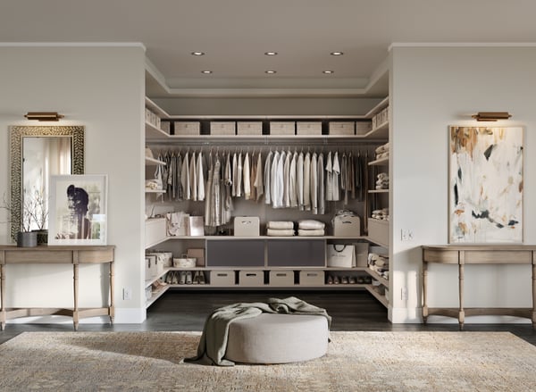 Custom Virtuoso Walk-In Closet CC Specialty Linen Finish Floor-to-Ceiling Shelving Accent Cabinet Doors Contemporary Closet Design Aluminum Hanging Poles Luxury Closet Organization