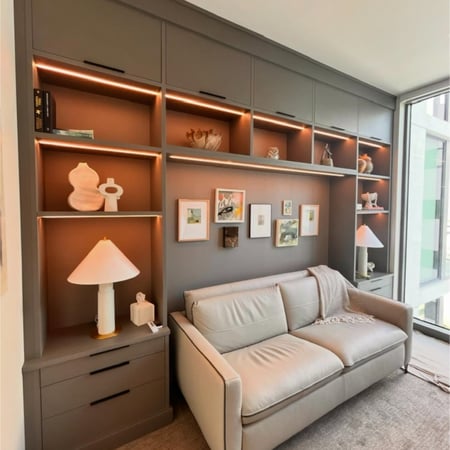 Closet with Shipshaw finish, black hardware accents, and integrated LED strip lighting.