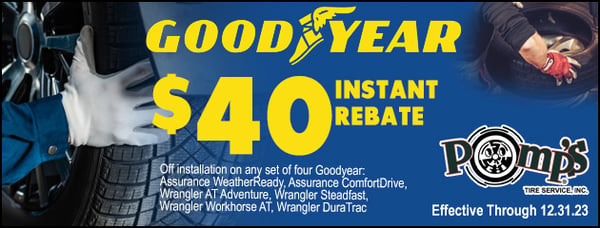 Get a $40 instant rebate on installation of 4 select Goodyear tires.

Offer valid 4/1/23 - 12/31/23