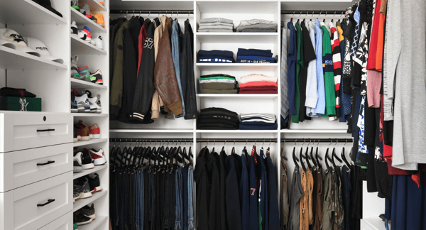 traditional farmhouse style white full room walk-in closet with double hanging, shoe wall storage, drawers, and shelving Scarsdale NY
