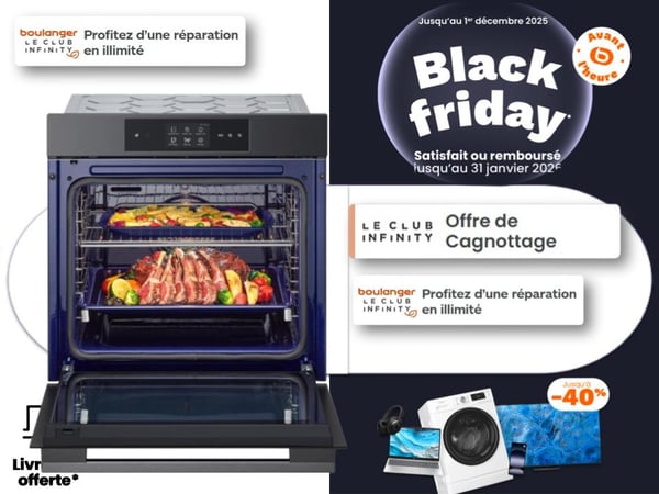 Four encastrable Samsung noir à chaleur tournante en promotion Black Friday chez Boulanger Toulouse Colomiers – fours pyrolyse, vapeur et multifonctions disponibles chez Bosch, Electrolux, Whirlpool et Brandt, livraison offerte et offres exceptionnelles.
Fours encastrables et posables disponibles chez Boulanger Toulouse Colomiers – Cuisson chaleur tournante, vapeur ou multifonctions, modèles aussi disponibles chez Electrolux, Bosch, Whirlpool, Samsung, Siemens et Brandt.