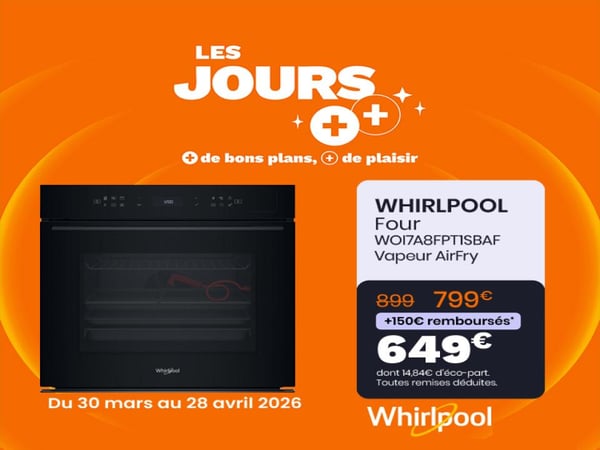 🔥 Les Jours ++ continuent à La Roche‑sur‑Yon !  
Profitez du four Whirlpool Steam & AirFry à un prix exceptionnel :
💥 799€ – et 150€ remboursés, soit 649€ au final.

Un four moderne, polyvalent, parfait pour cuisiner sainement et facilement au quotidien.

Passez en magasin à La Roche‑sur‑Yon pour profiter de cette offre limitée.