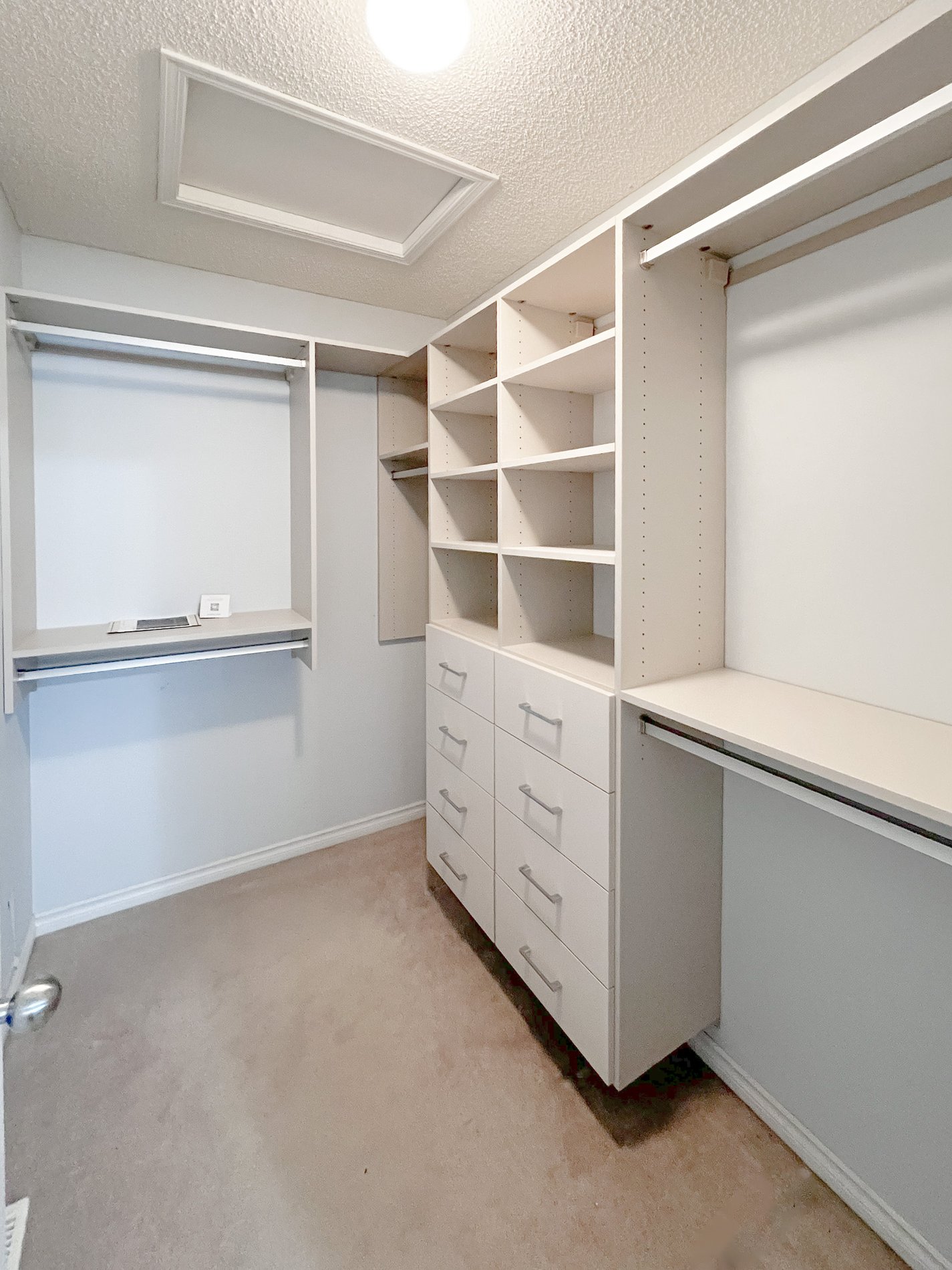 Simple walk in closed in a light finish with matte aluminum hardware.