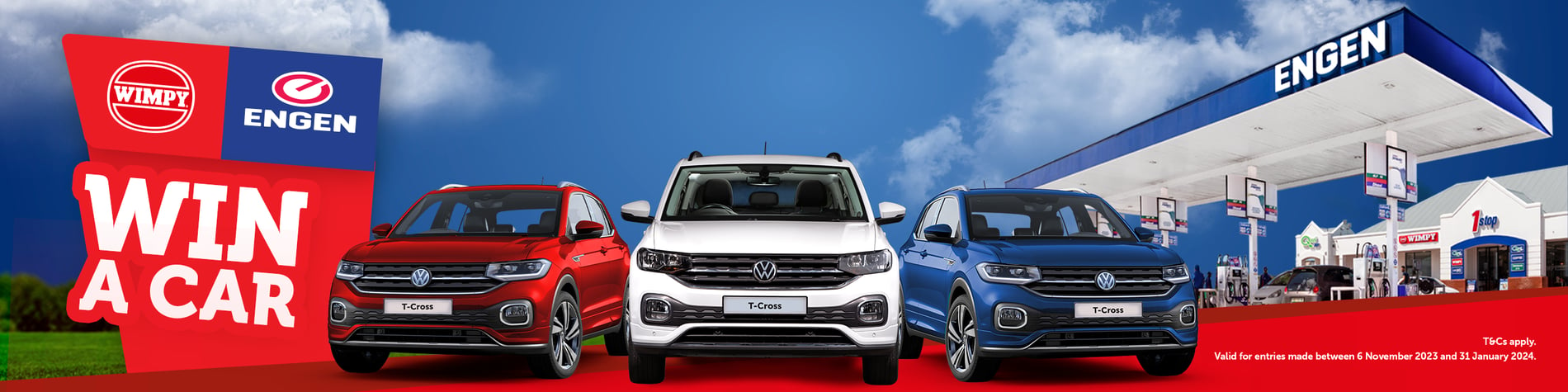 Win a car at Wimpy at Engen. 3 VW T-Cross cars and a Wimpy at Engen in the background.