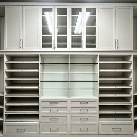 Custom closet organization with drawers shoe shelving and purse display California Closets by California Closets Baton Rouge, Louisiana.