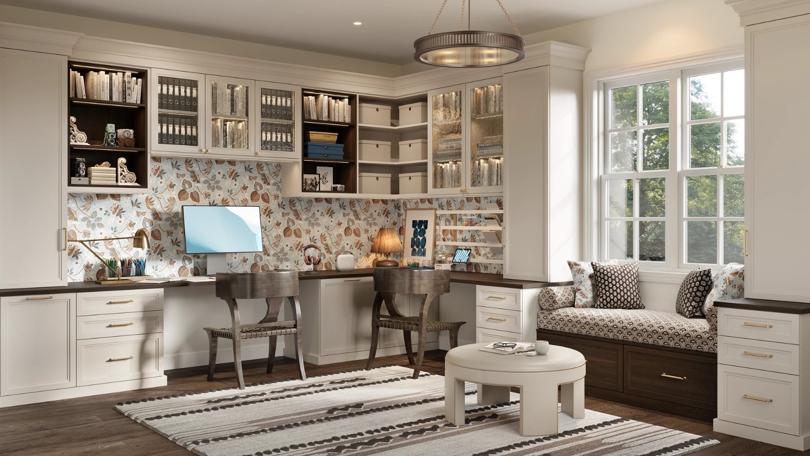 Custom built-in home office with dual work stations, glass doors, box-in-box shelving, window bench with additional storage.