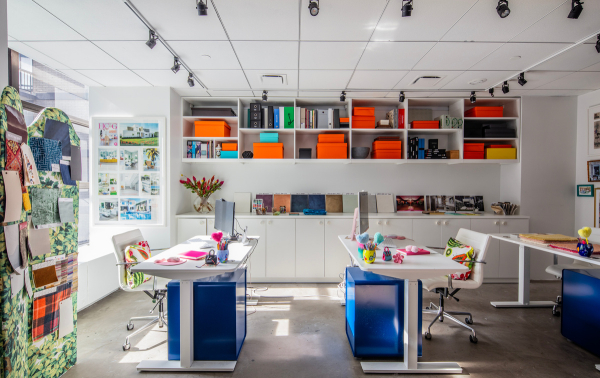 Img 2 California Closets New York City Custom Commercial Space White Office Custom Bookshelves Storage Interior Design Studio with Closed Cabinets and two desk workspaces