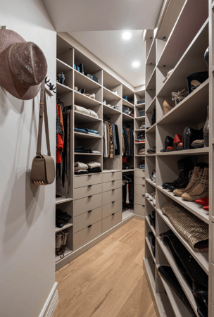 beige custom walk-in closet with glass doors, hanging, shelving, shoe wall, tilt-out hampers, hanging hooks Manhattan NY