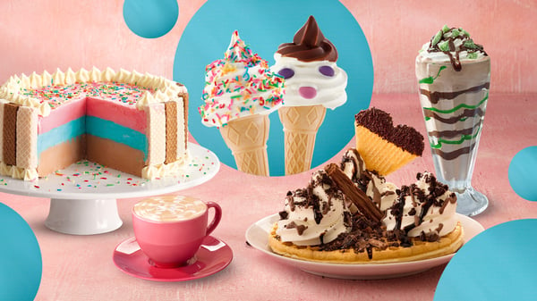 Ice cream cake, cones, coffee, waffles and a chocolate milkshake against a pink and blue background.