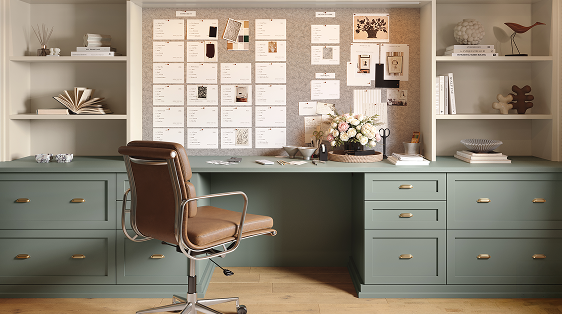 custom home office with shelving and drawers